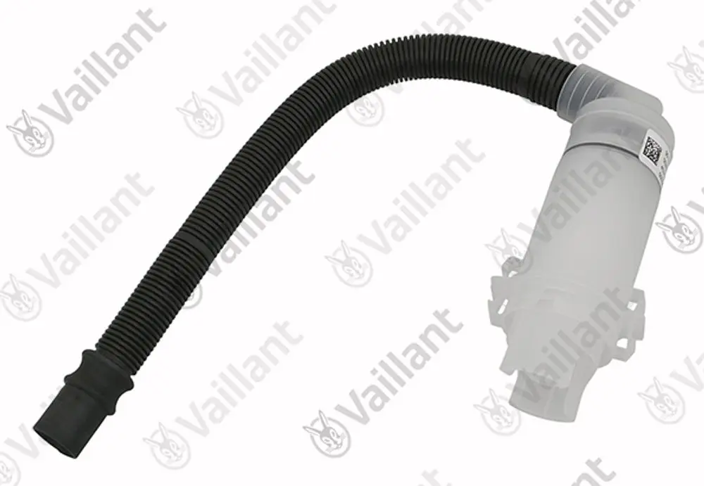Siphon von Vaillant mit flexiblem Schlauch und Anschlussteilen, geeignet für die Entwässerung. Klar strukturierte Form mit einem weißen und einem schwarzen Teil.